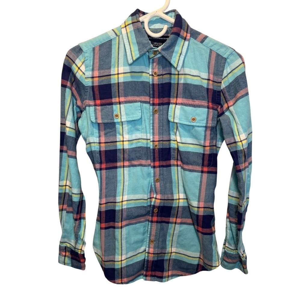 Ralph Lauren Womens Turquoise Plaid Flannel Button Down Top Sz 2 Classic Preppy